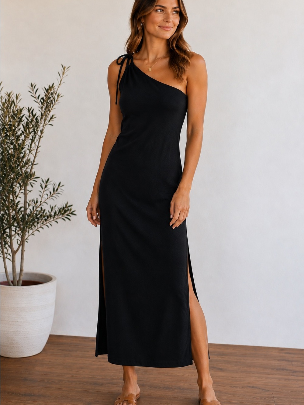Old Navy One-Shoulder Black Ribbed Maxi Dress with Tie Strap Size Large